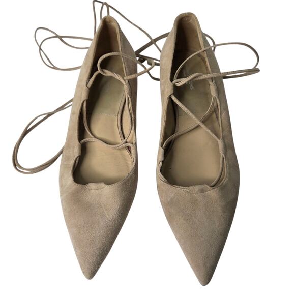 Michael Kors Collection Tan Suede Lace Up Ballt Flats Pointed Toe Womens SZ 7 - Picture 1 of 11